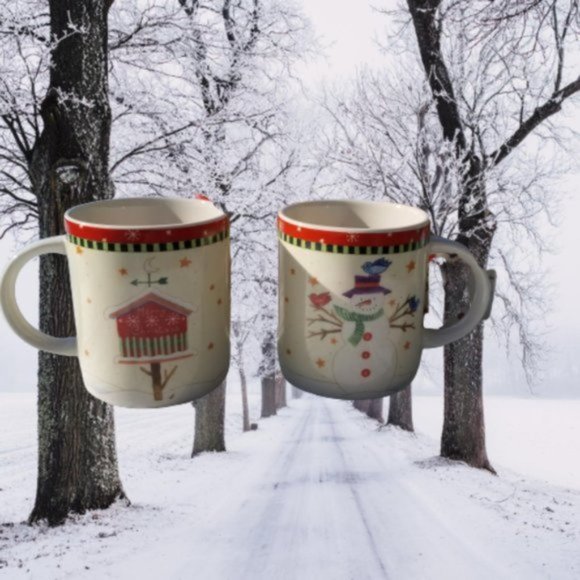 Thomson China Holiday Coffee Tea Mugs Set of 4 Snowman Birdhouse White Red - Picture 2 of 8